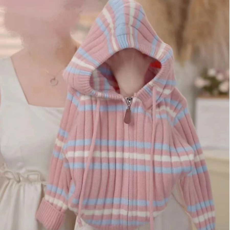 女童2025秋冬新款时尚休闲连帽长袖针织衫简约洋气中大童条纹毛衣