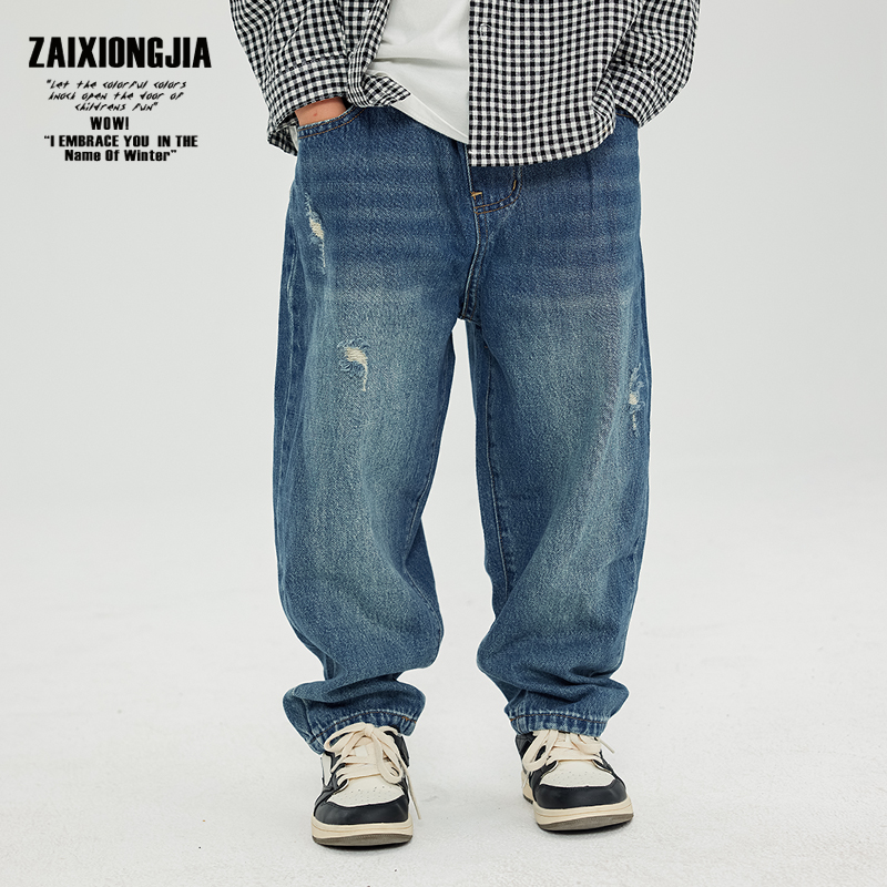 ZAIXONGJIA蓝色破洞牛仔长裤童裤春秋新品百搭软松紧腰童装宽松
