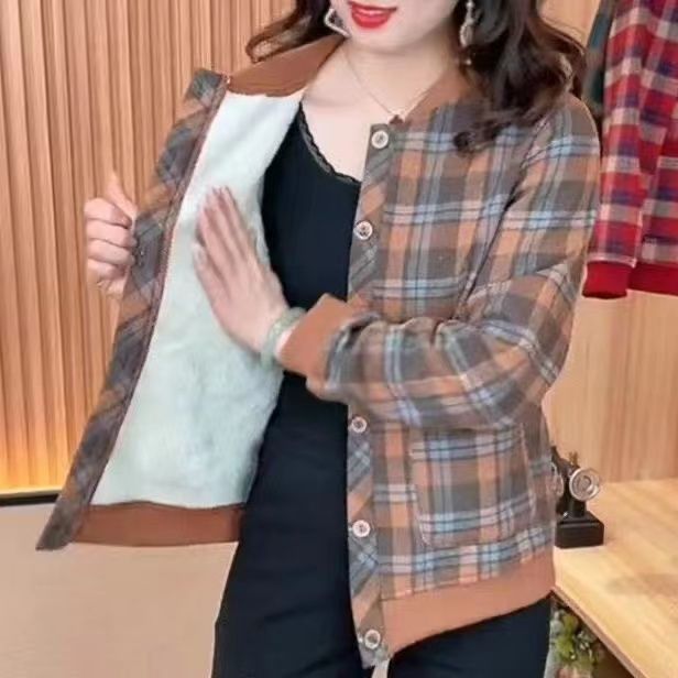 中老年女装秋冬外套加绒格子棒球服2023新款妈妈装保暖上衣短款