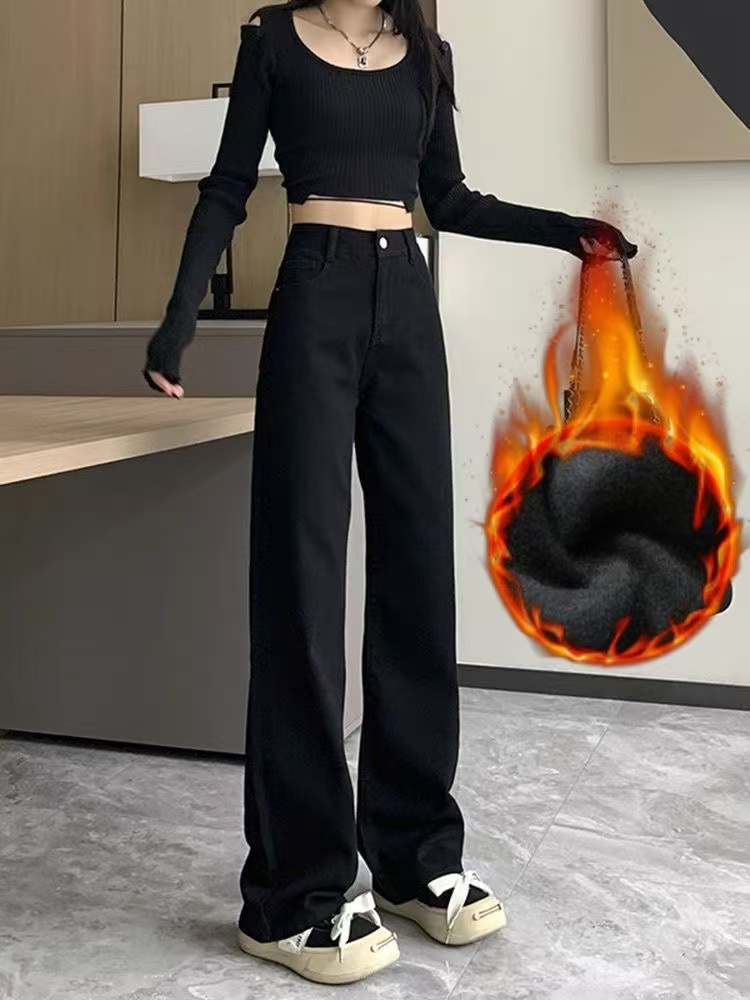 富 加绒加厚2024牛仔裤女直筒宽松垂感拖地裤