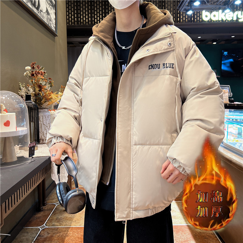 学生韩版秋冬加绒保暖大码冬季新男士宽松衣加厚连帽假两件外套