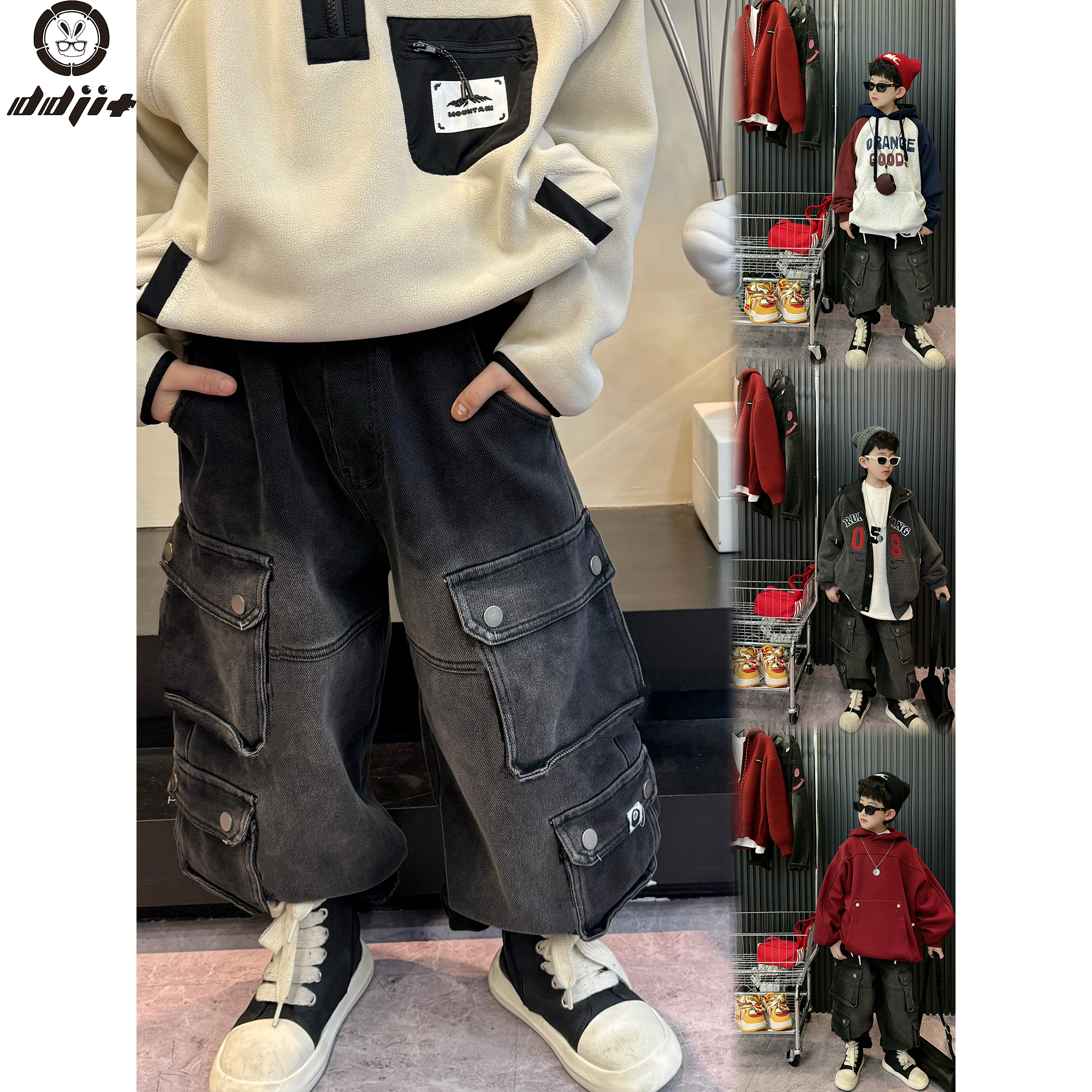 蛋蛋家【黑色口袋工装牛仔裤】冬季新款黑色四口袋工装加绒牛仔裤