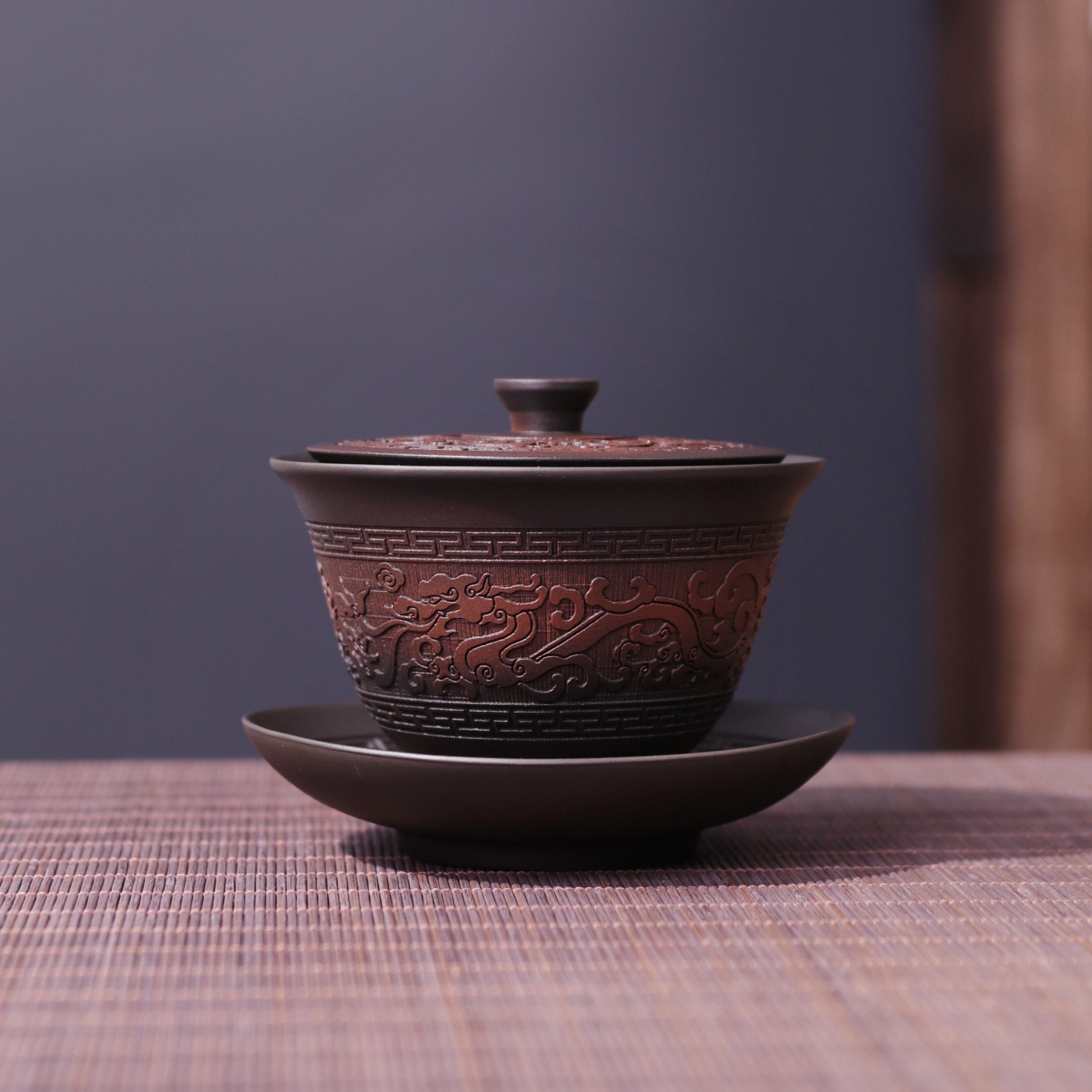 紫陶泥三才盖碗大容量家用中式纯手工盖杯盖碗复古陶瓷泡茶碗