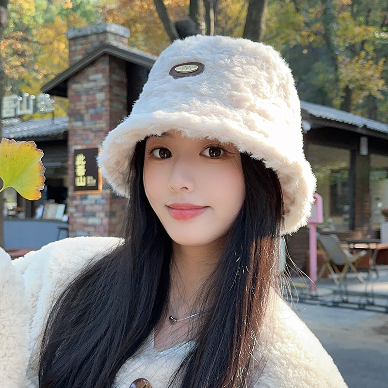 白色毛绒渔夫帽子女秋冬百搭大头围盆帽冬季加厚保暖显脸小水桶帽
