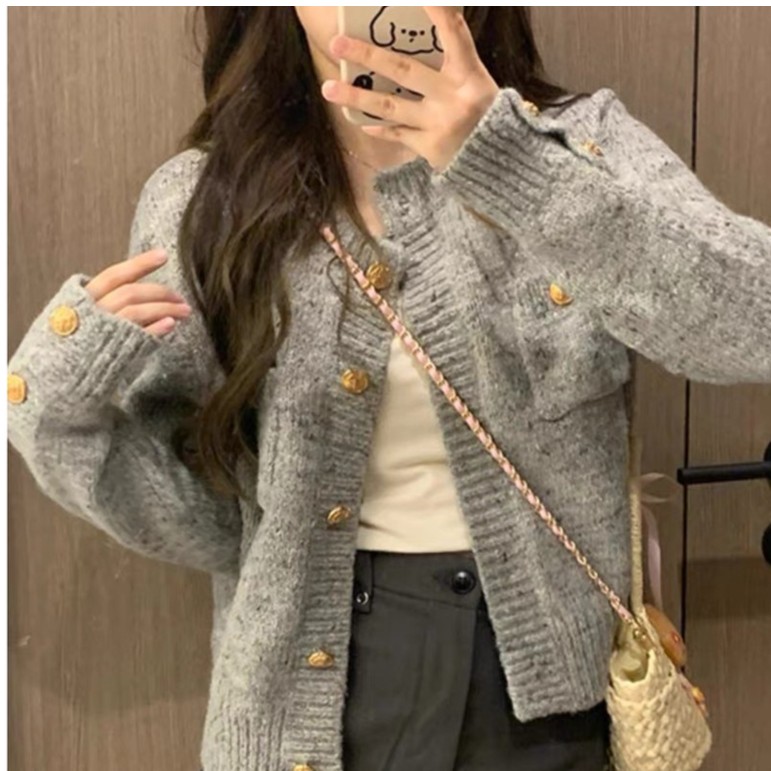 小香风女秋冬宽松软糯针织开衫毛衣外套复古慵懒风灰色开衫上衣