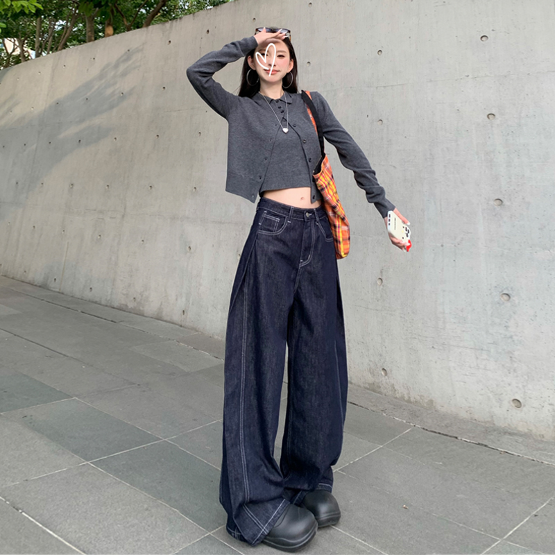 Busrr复古设计感深蓝色牛仔阔腿裤女宽松显瘦牛仔休闲裤长裤子