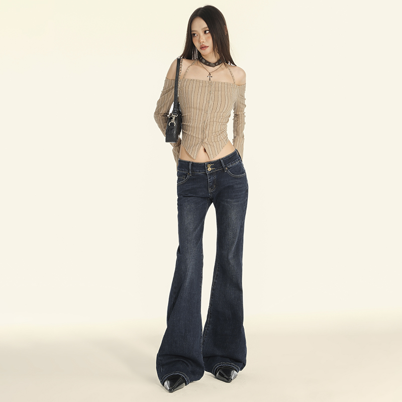 Busrr低腰喇叭牛仔裤女2025新款复古双扣辣妹显瘦微叭拖地长裤