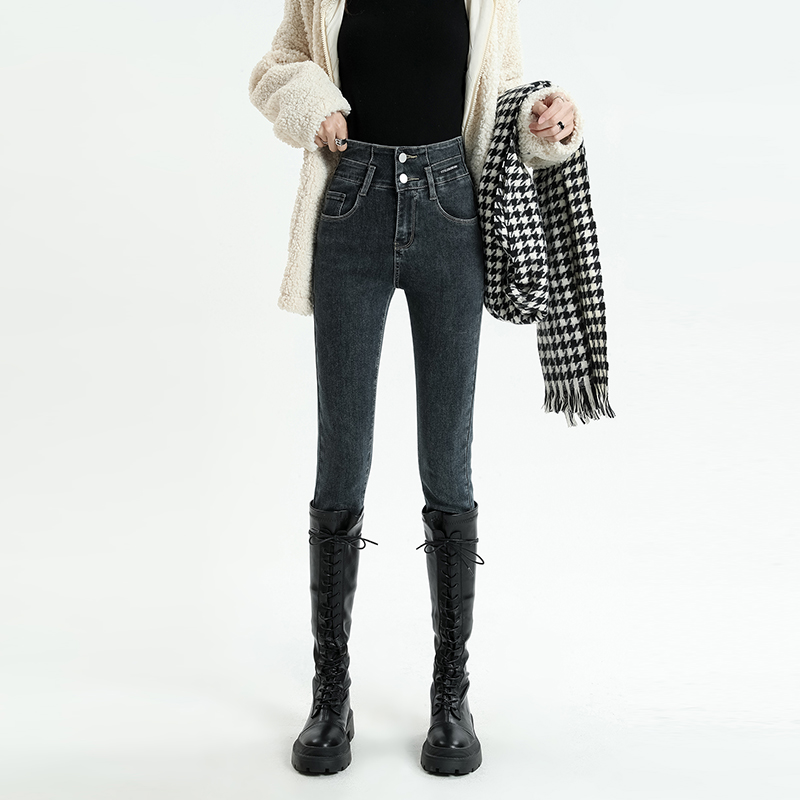 Busrr美式高腰牛仔裤女加绒紧身小脚长裤弹力修身设计感铅笔裤