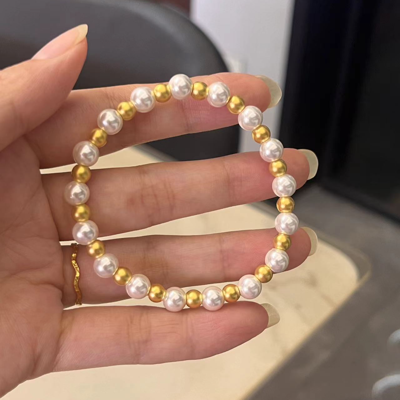 足金999古法卡5转运珠淡水珍珠手串高级气质礼物时尚百搭简约