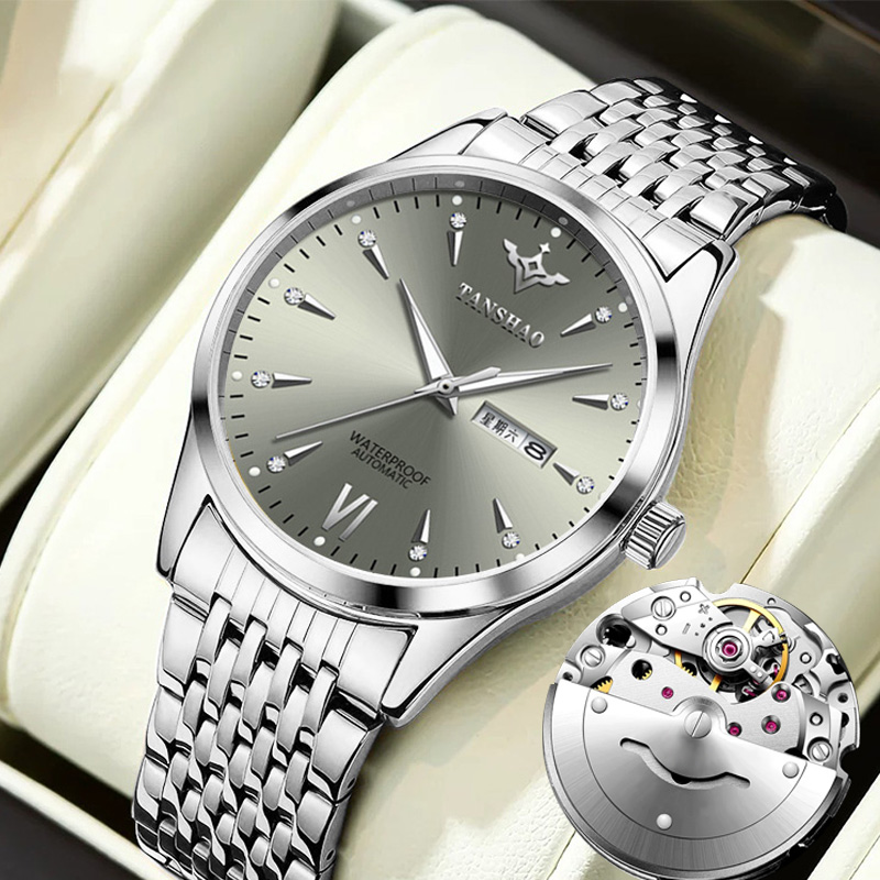 正品高级灰/全自动镂空双日历夜光男表防水商务钢带时尚超薄男表