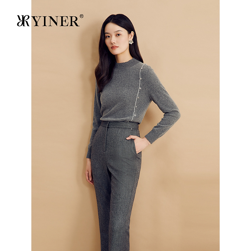【裸感羊绒】YINER音儿冬季时尚桑蚕丝格雷系法式毛针织衫