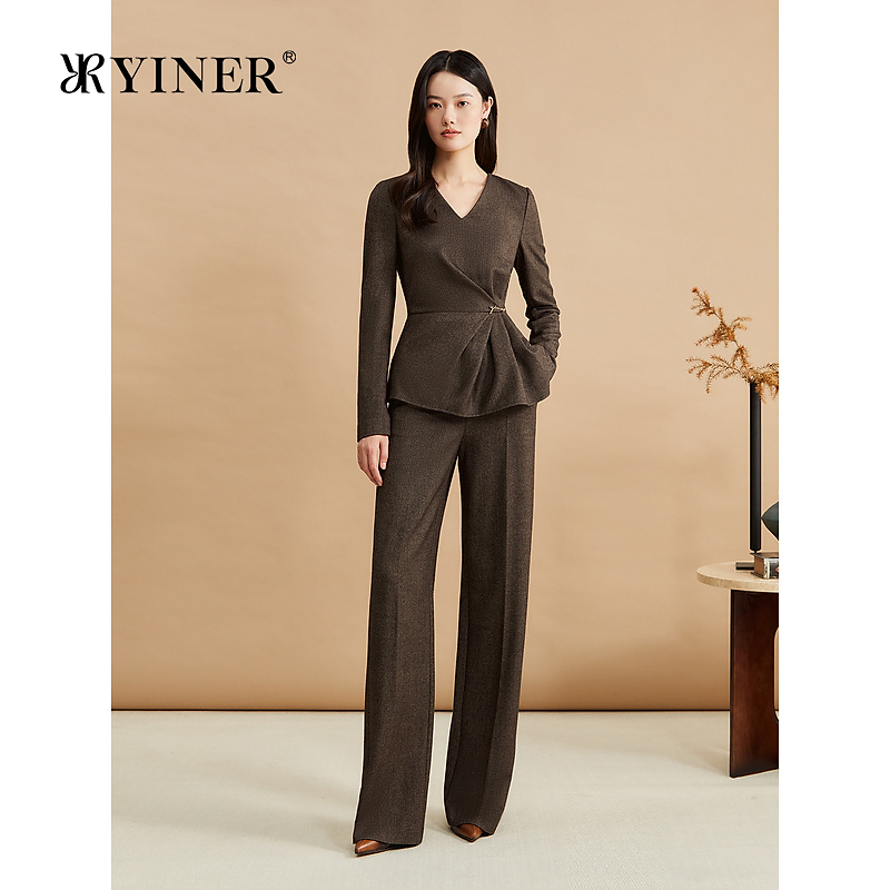 YINER音儿冬季时尚法式优雅V领皱褶收腰美丽诺羊毛混纺上衣