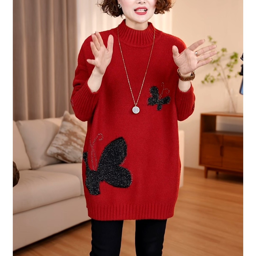 秋冬新款宽松加厚减龄烫钻毛衣女大码中长款针织打底衫本命年红色