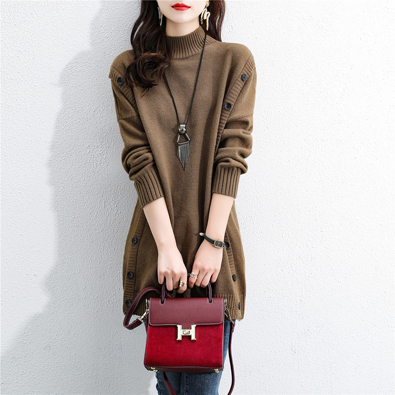 秋冬新款韩版半高领套头针织洋气打底衫连衣裙时尚宽松加厚毛衣裙