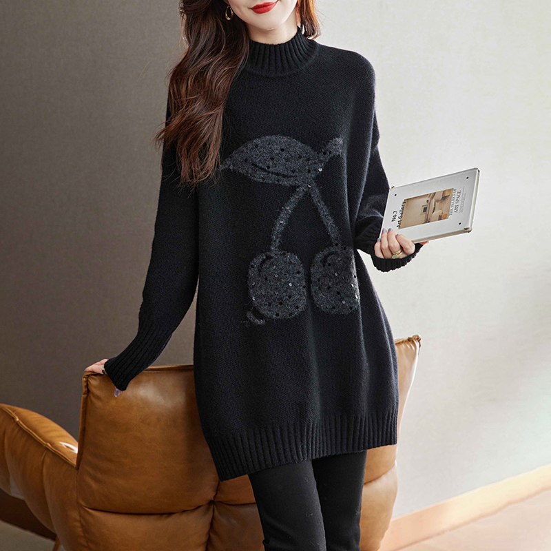 秋冬季加厚保暖半高领烫钻毛衣女装宽松大码中长款针织打底衫内搭