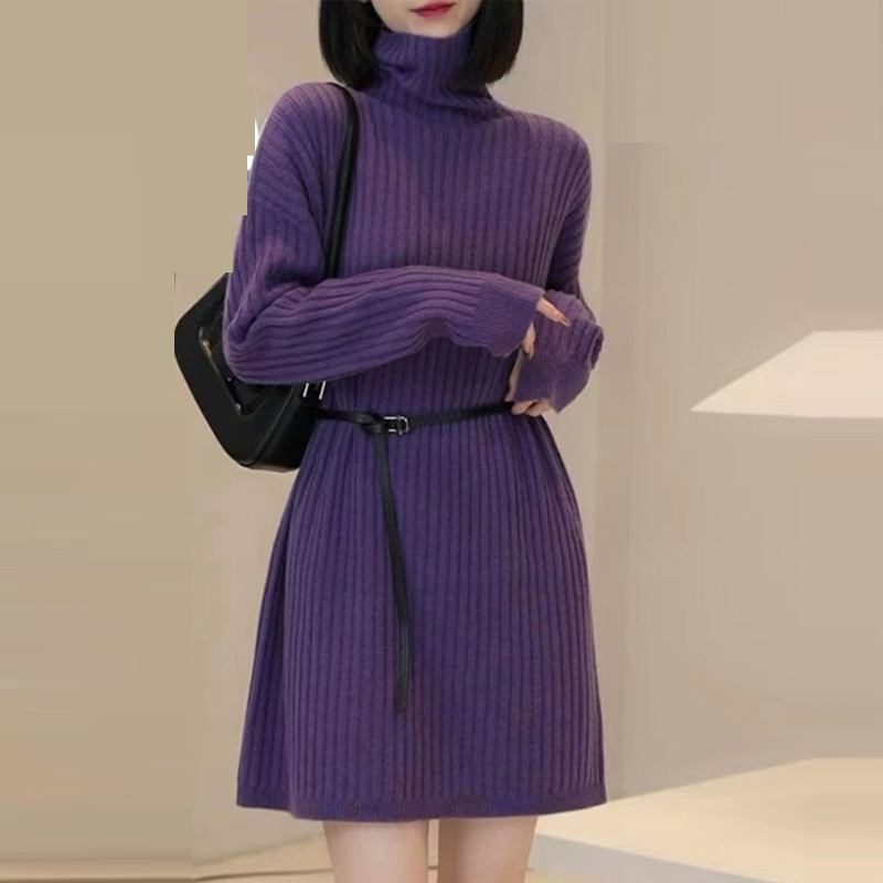 爆款高领针织连衣裙女秋冬新款收腰显瘦设计感中长款气质毛衣裙子