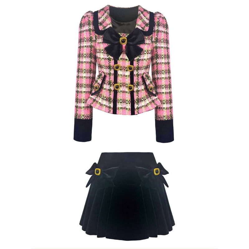 设计师小香风俏皮蝴蝶结粉色格纹收腰短外套2024秋冬新款