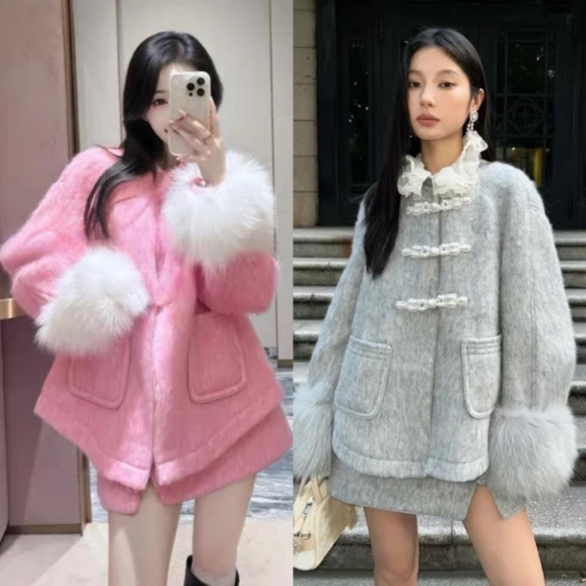 六六胭脂粉洋气少女毛拼接羊毛呢中式改良外套冬季大衣套装不退换