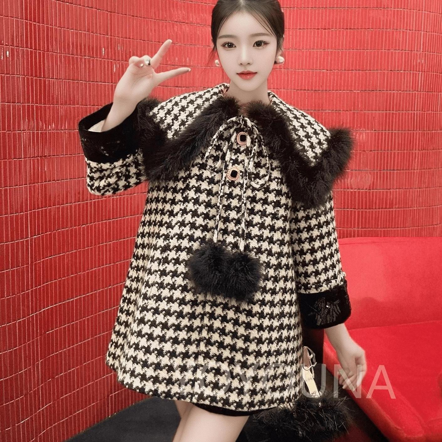 六六专属 摩登少女复古千鸟格拼接大披肩斗篷式冬季外套