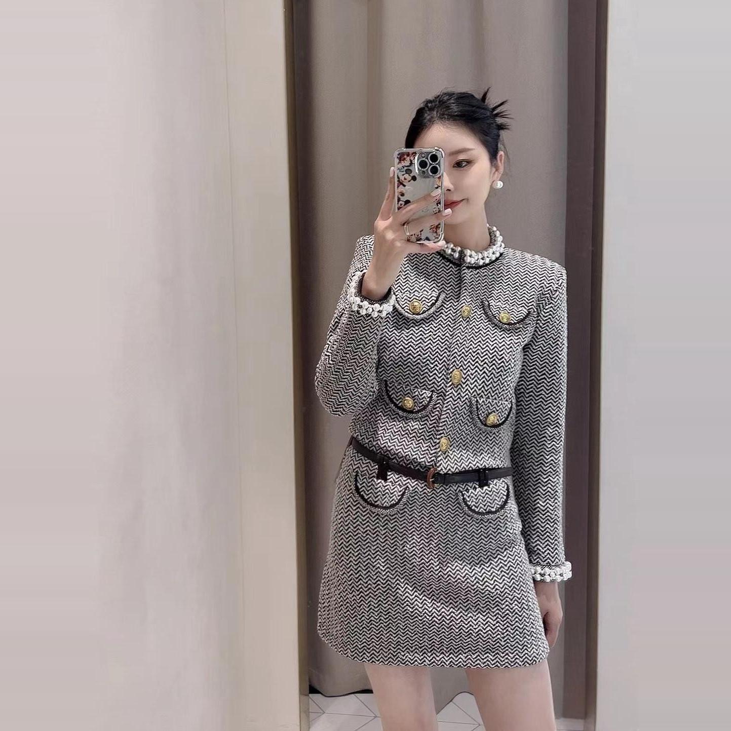 韩版圆领miu系千金灰色短外套2024秋冬新款毛衣套装