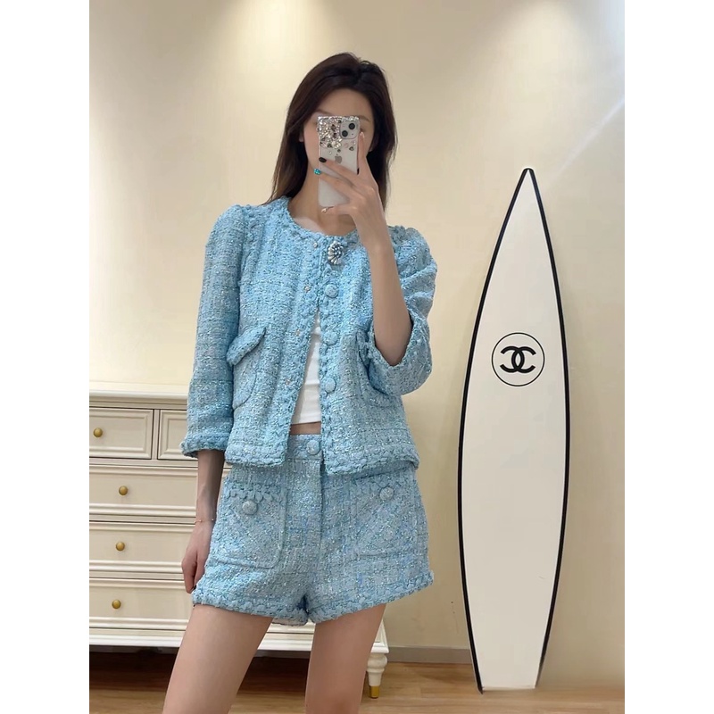 六六专属 千金小香风蓝色粗花呢短外套+短裤时髦套装