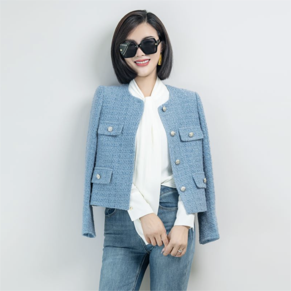 KeayKely 蓝月光 轻奢重工高定轻奢蓝色粗花呢小香风外套时尚