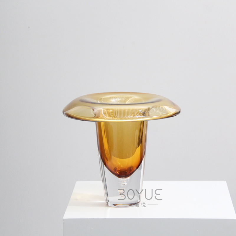 新中式蘑菇云形高脚琥珀色琉璃花瓶样板房民宿茶室桌面花艺装饰品