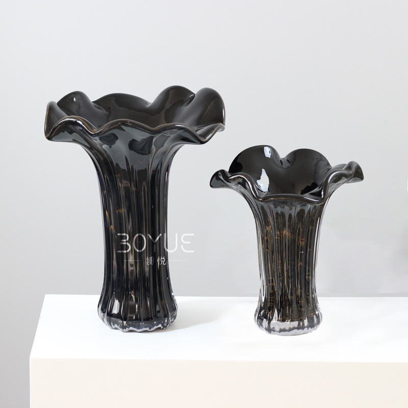 现代简约金棕纹理黑色大口径琉璃花瓶轻奢大屏成样板间客厅软装饰