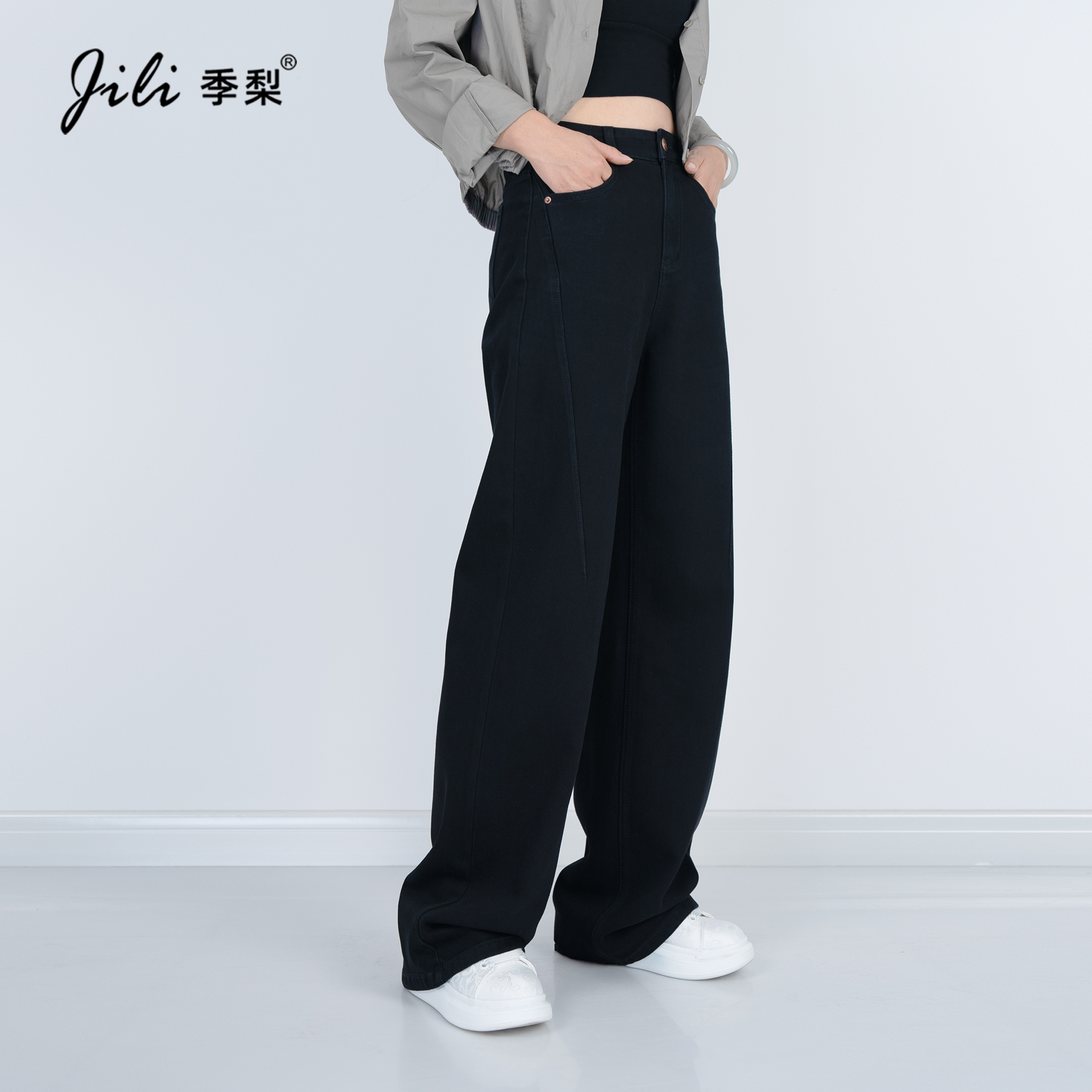 季梨黑色白色“高腰”【拖地裤】春季牛仔裤宽松显高显瘦水洗直筒裤