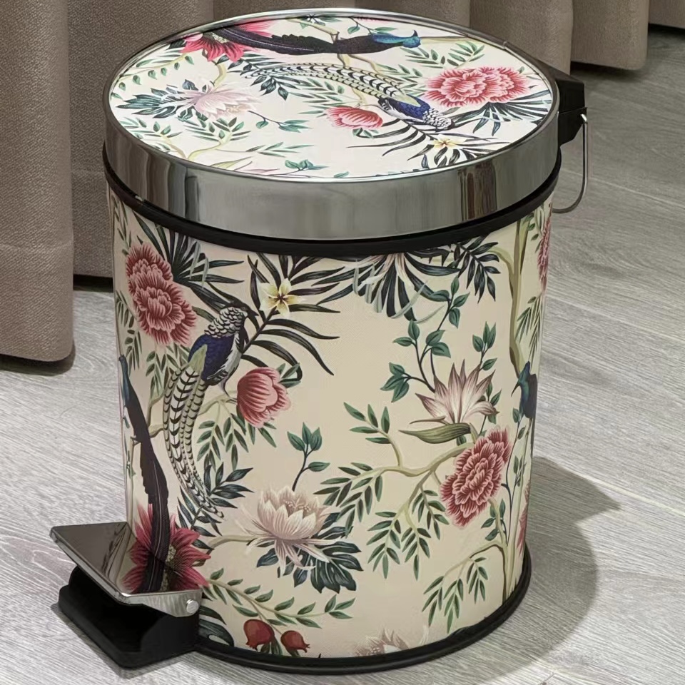 【花鸟系列带盖脚踏垃圾桶】带提手内胆大容量皮革加厚垃圾桶
