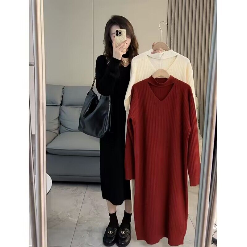 mulisha/穆丽莎新款红色针织连衣裙子秋冬季女装长款毛衣裙打底衫