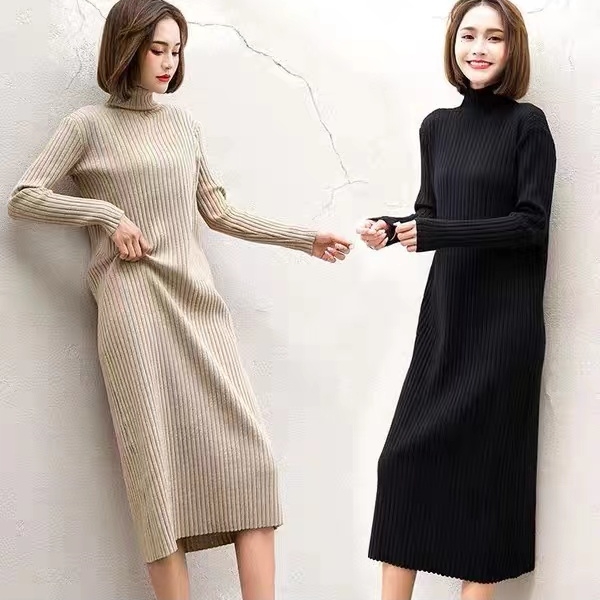 mulisha/穆丽莎高个子长款毛衣裙女新款半高领内搭过膝针织连衣裙