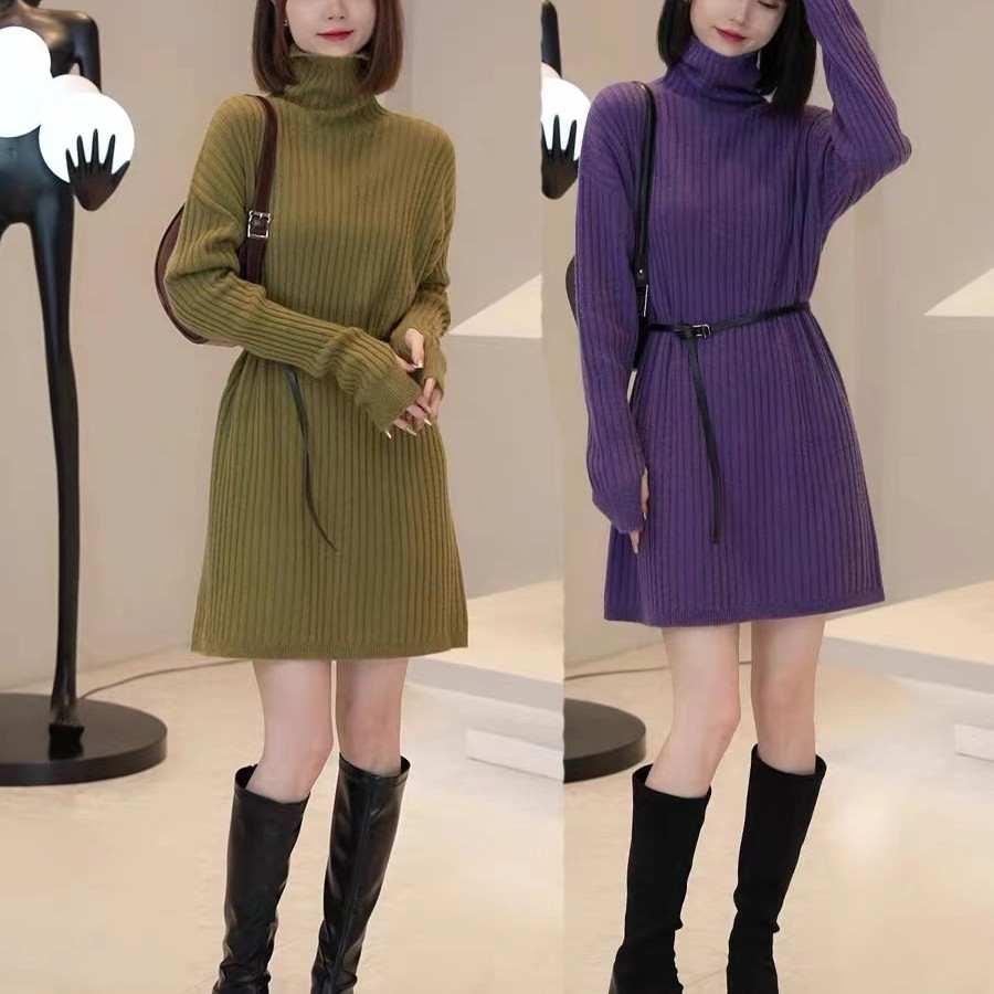 mulisha/穆丽莎高领毛衣内搭连衣裙女2025新款腰带收腰针织打底裙