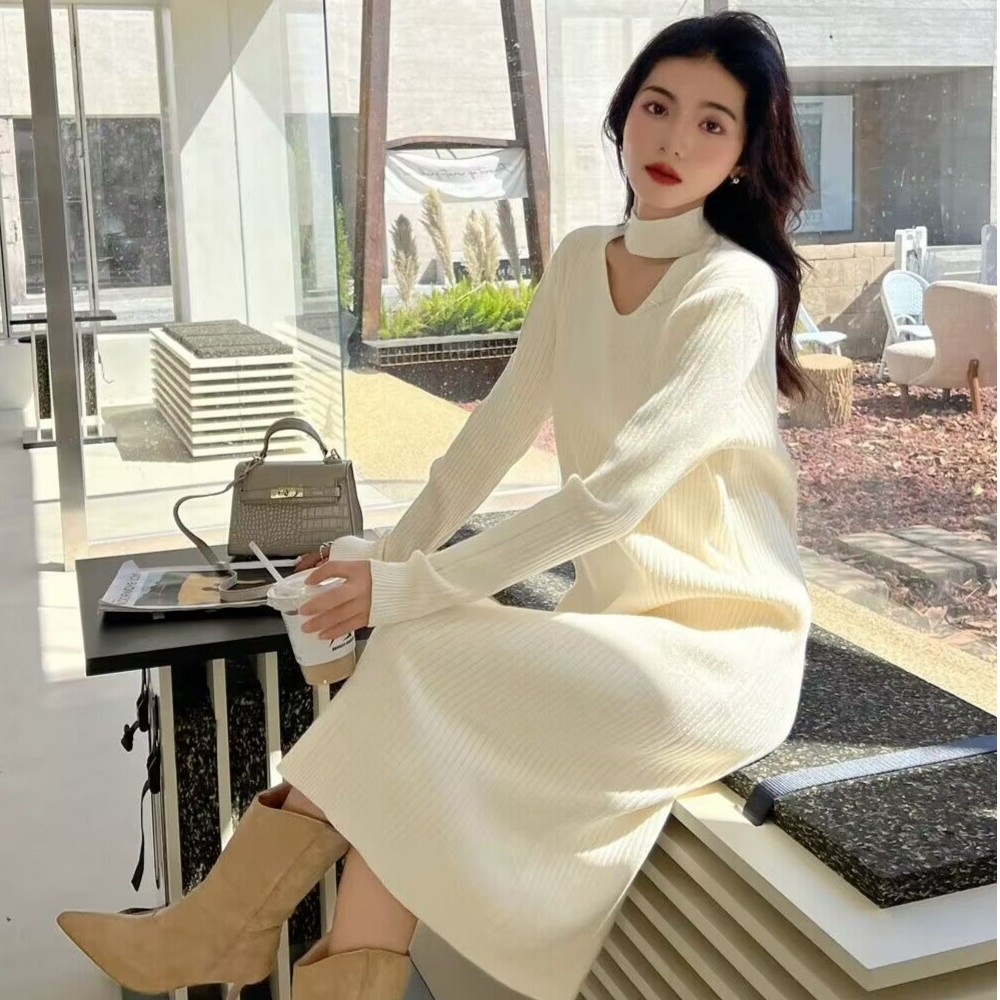 mulisha/穆丽莎针织连衣裙宽松中长款过膝打底内搭配大衣毛衣裙子