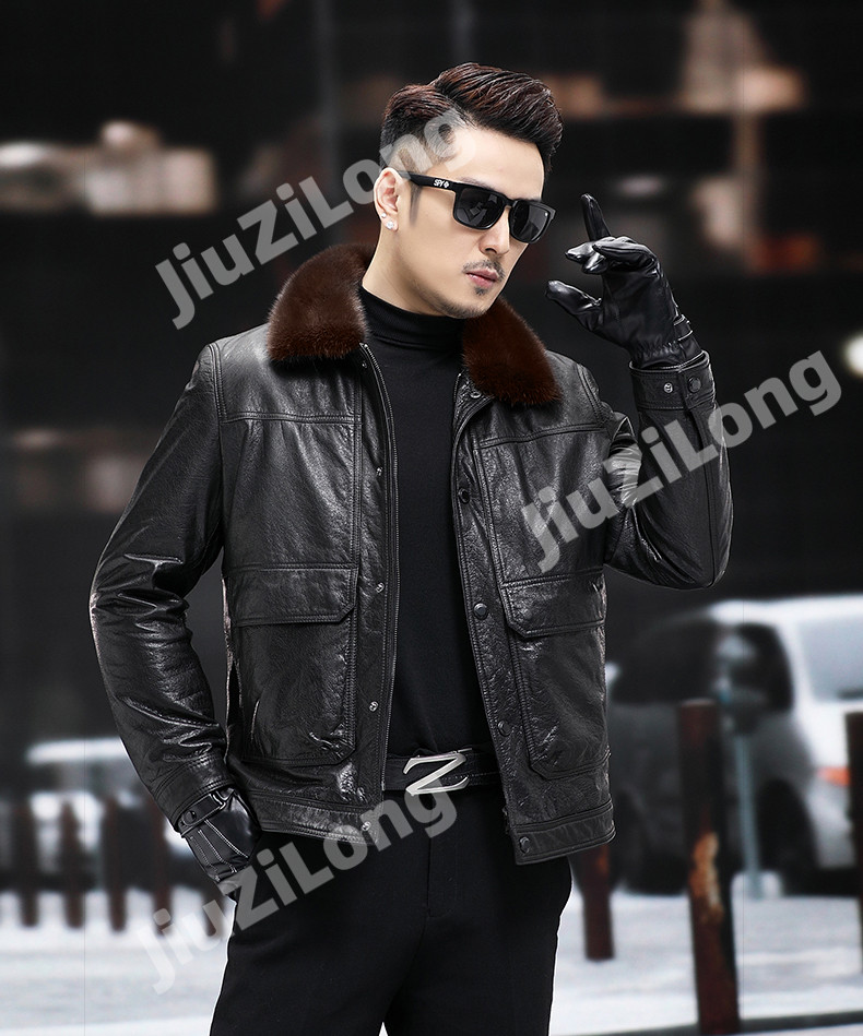 海宁真皮皮衣 100%头层牛皮 男士翻领防寒加厚夹克外套保暖冬百搭