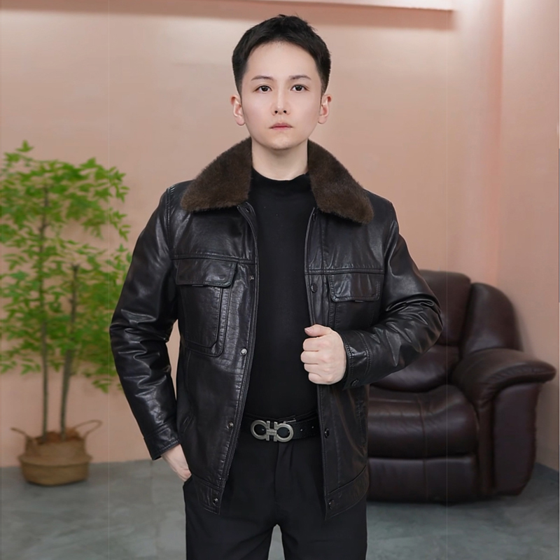 海宁真皮皮衣100%头层牛皮男士翻领防寒加厚夹克外套保暖皮衣男款