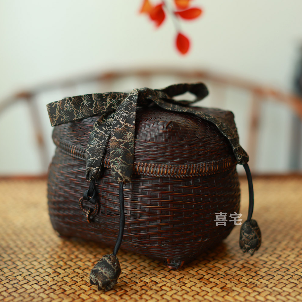 手工竹编复古茶盒收纳盒茶道收纳盒