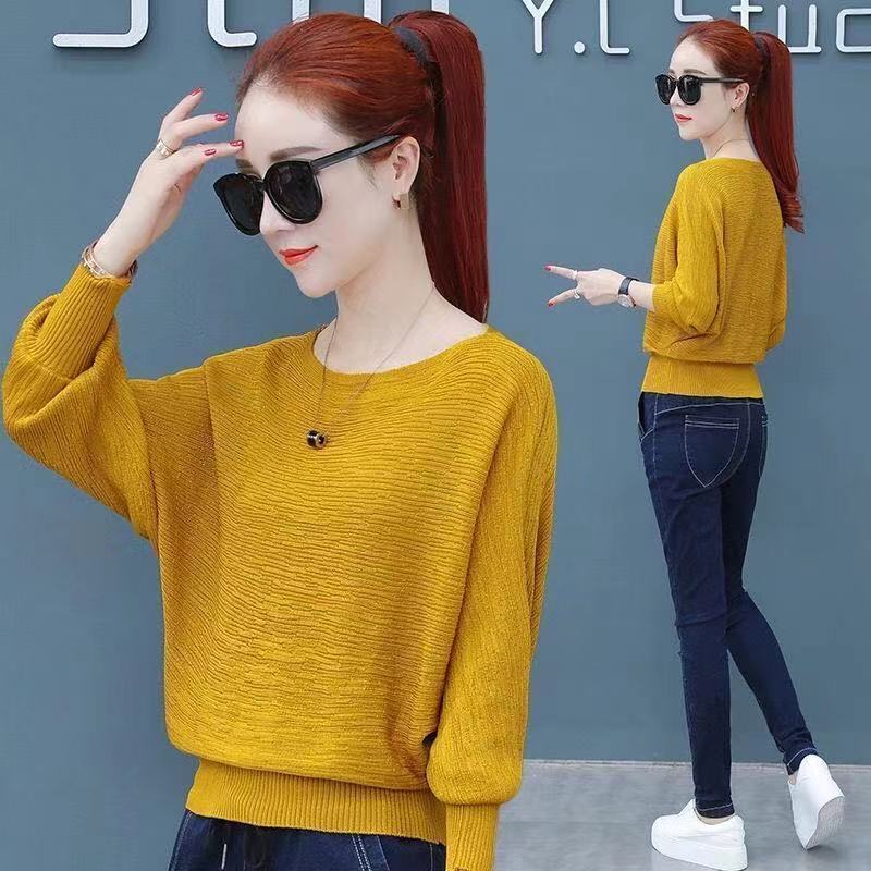 一字肩蝙蝠袖t恤女针织打底衫新款春秋装遮肚百搭洋气质女士上衣