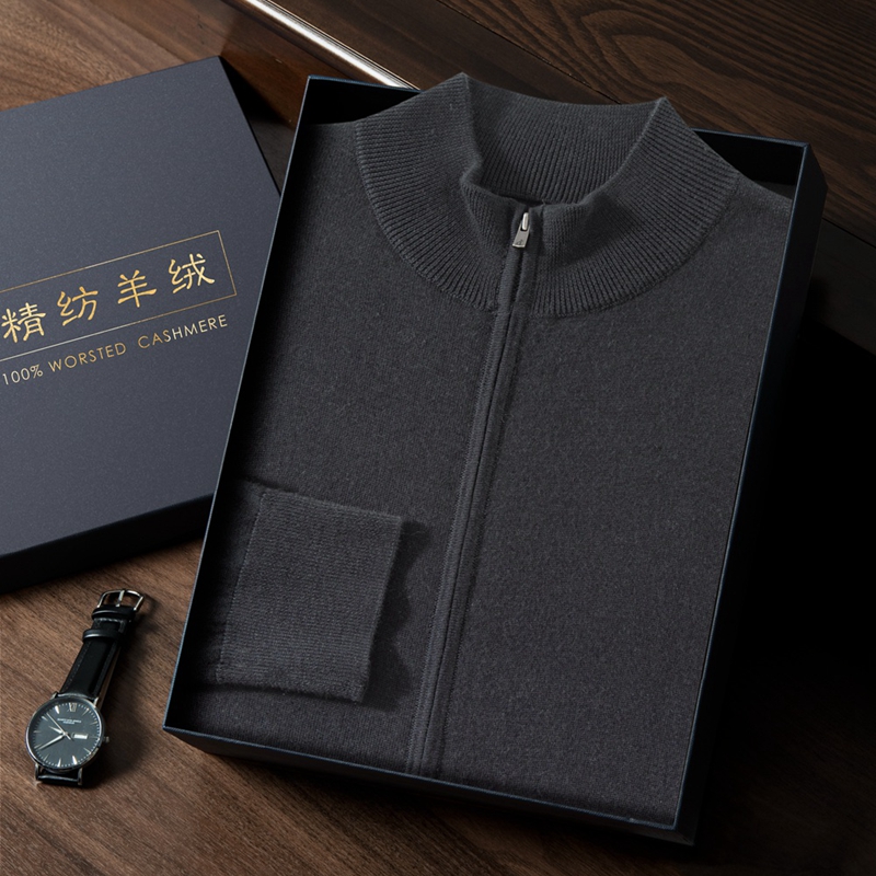 68精纺3股100%纯山羊绒开衫男士薄款春秋外套拉链立领商务针织衫