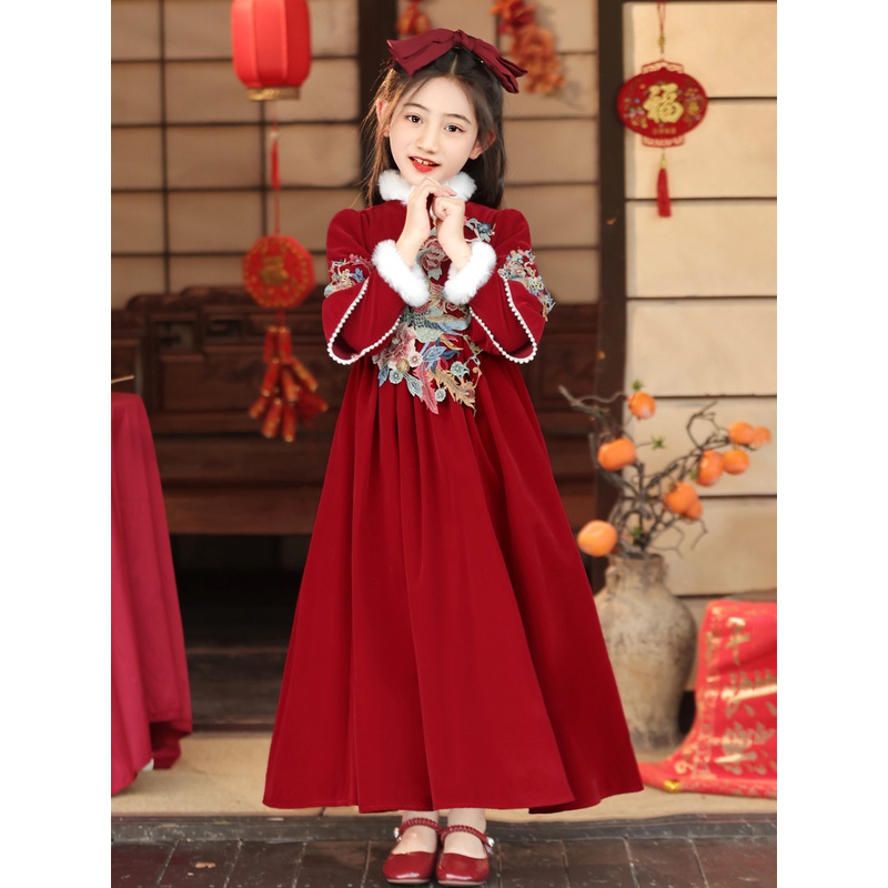 儿童唐装女童汉服超仙连衣裙秋冬新款加厚中大童国风拜年服冬装
