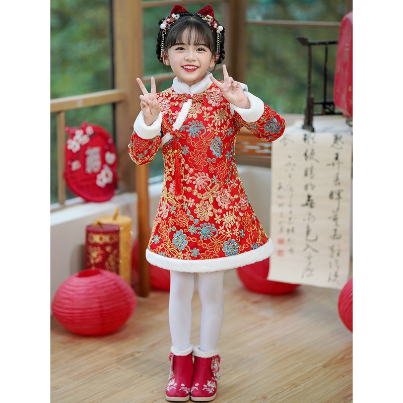 女童唐装2024新款冬季儿童拜年服改良旗袍裙秋冬小女孩连衣裙
