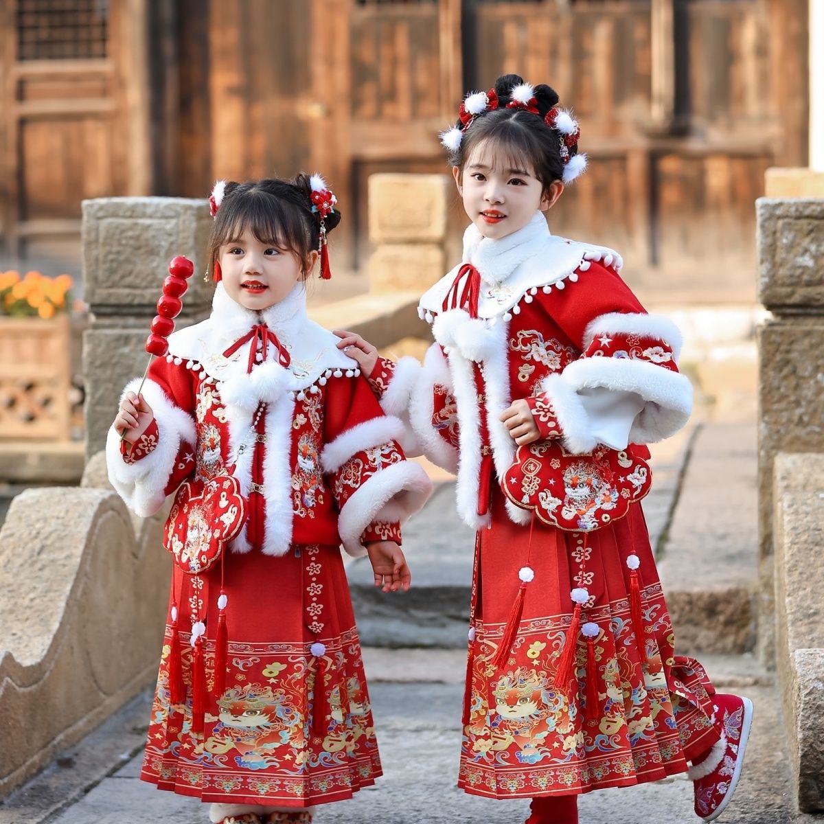 女童旗袍裙子秋冬季红色喜庆过年服中国风拜年服儿童古风汉服礼服