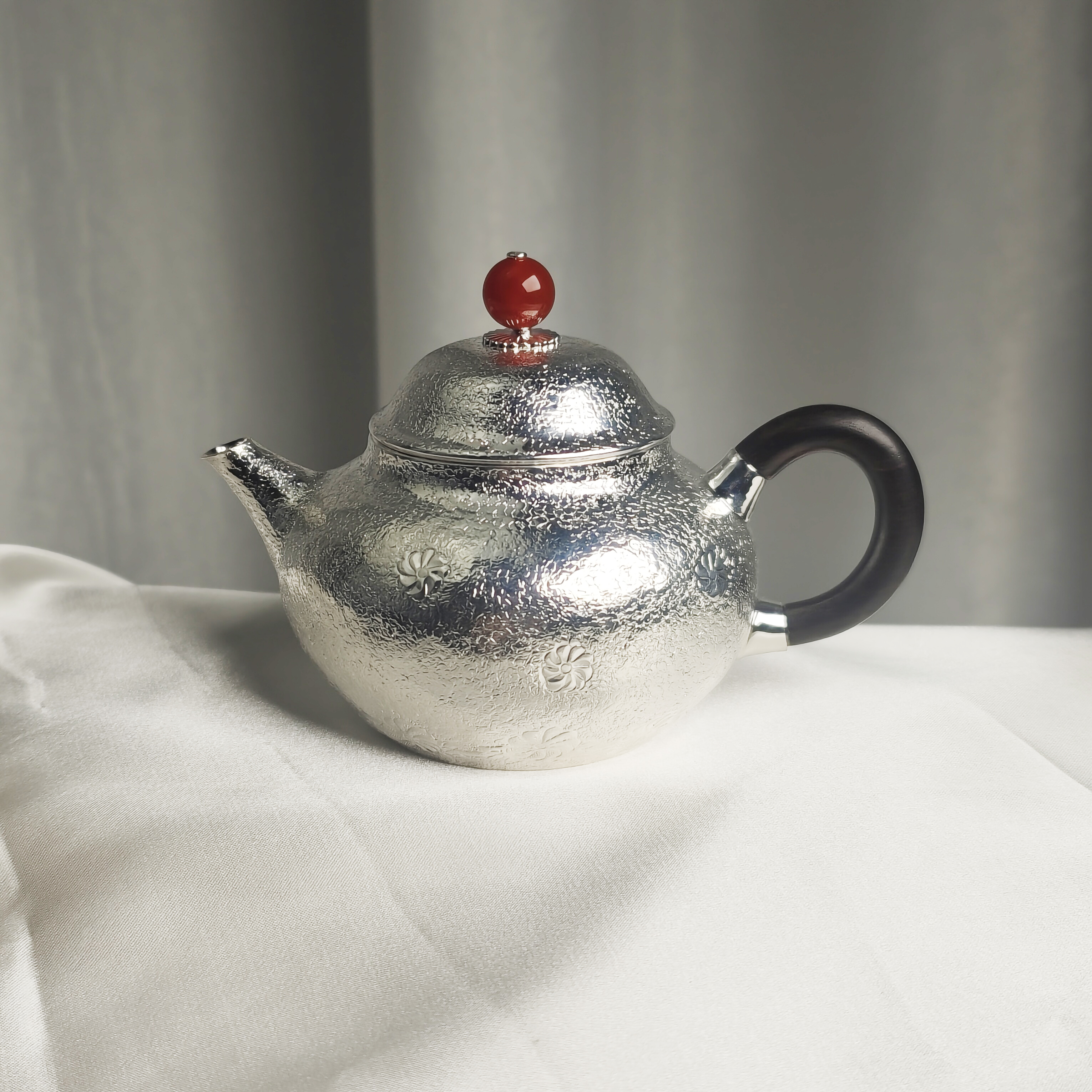 清货-手作檀木999花纹款绣球花家用泡茶文旦银壶