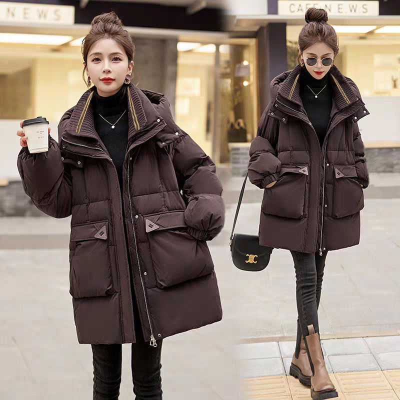 美拉德羽绒服女小个子冬宽松中长款加厚白鸭绒面包服外套