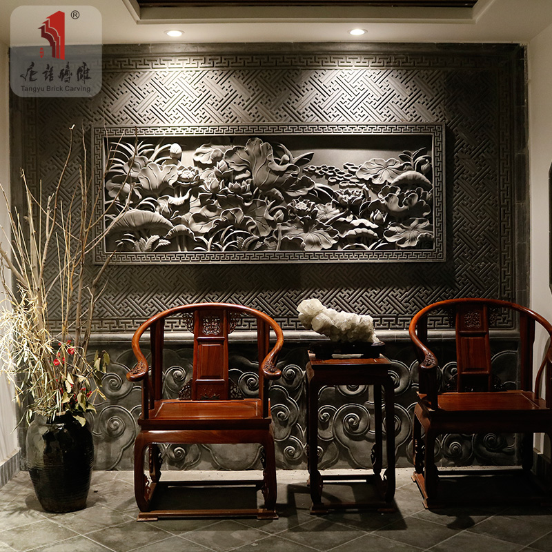 唐语景观 荷花 百鸟朝凤 横长2米左右浮雕 徽派中式影壁照壁砖雕