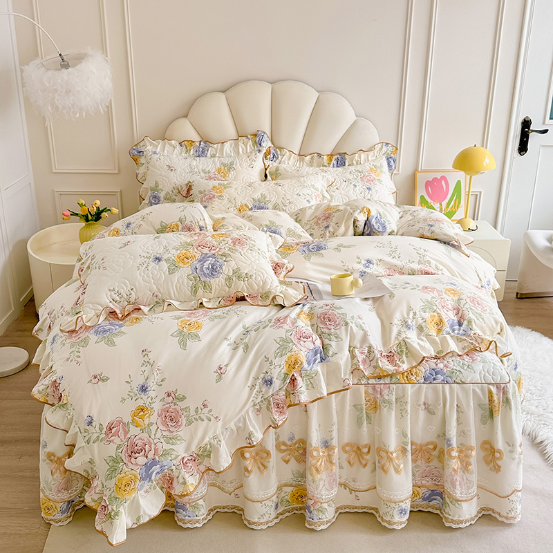 2024新款时尚全棉印花公主风夹棉床裙四件套 1.2m床裙款三件套