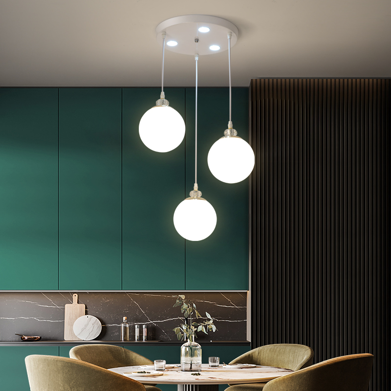 餐厅灯现代简约led吊灯奶油风玻璃圆球三头饭厅单头吧台灯床头灯
