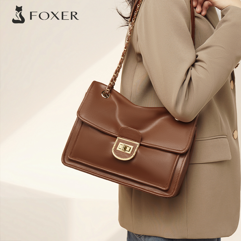 FOXER秋冬时尚百搭托特包休闲女士真皮复古小众简约单肩斜挎肩包
