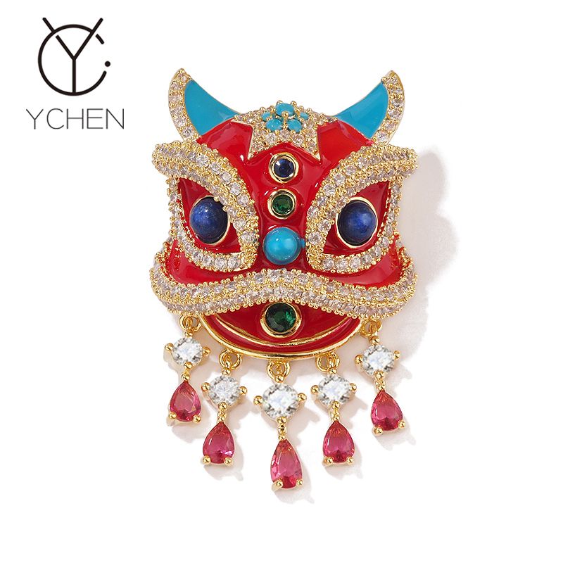 铜合金锆石胸针 原创国风醒狮胸针女流苏西装领针饰品胸花固定扣