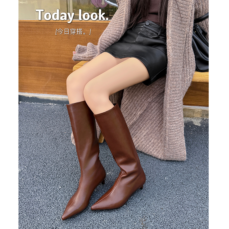 时装靴2024年秋季韩版细跟纯色时装靴时装靴高筒